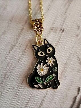 BOHO Hippie Flower Cat Necklace Black 925 18 Inch Chain Gold plated NYG